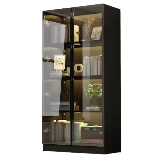 Black Wood Display Cabinet With Tempered Glass Doors & 3-Color LED Lights