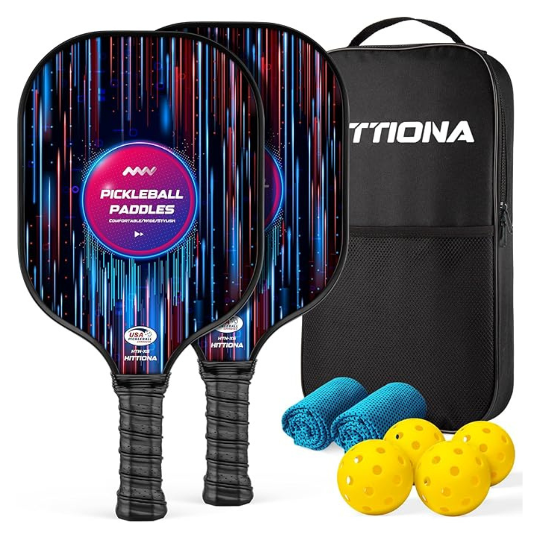 Hittiona Fiberglass Pickleball Paddles Set W/ 2 Paddles, 4 Balls, 1 Net Bag