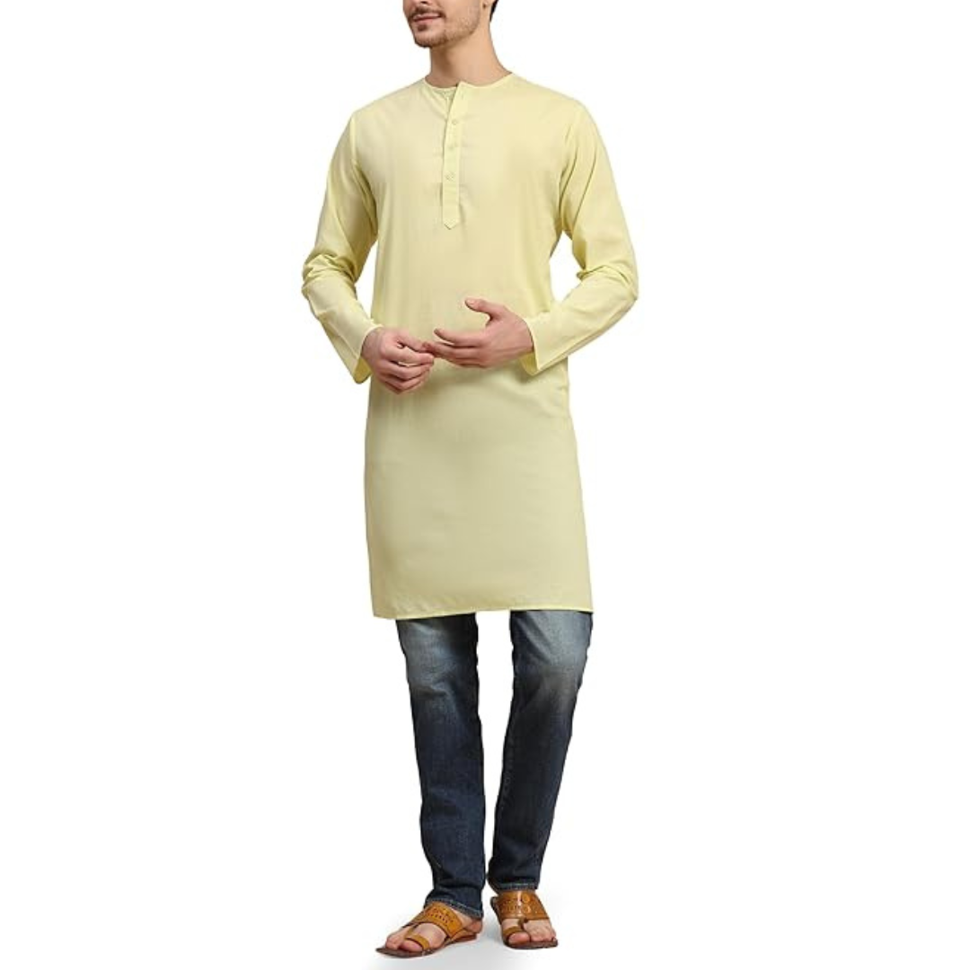 Men's Long Sleeve Cotton Henley Kurta With Pocket