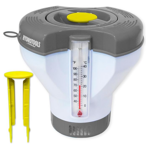Swimline Hydrotool Smart Chlorine Floater Dispenser W/Thermometer | Tablet Refill Indicator & Tongs