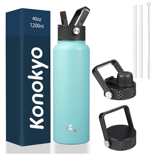 Konokyo 40oz Sport Insulated Water Bottle With 3 Lids