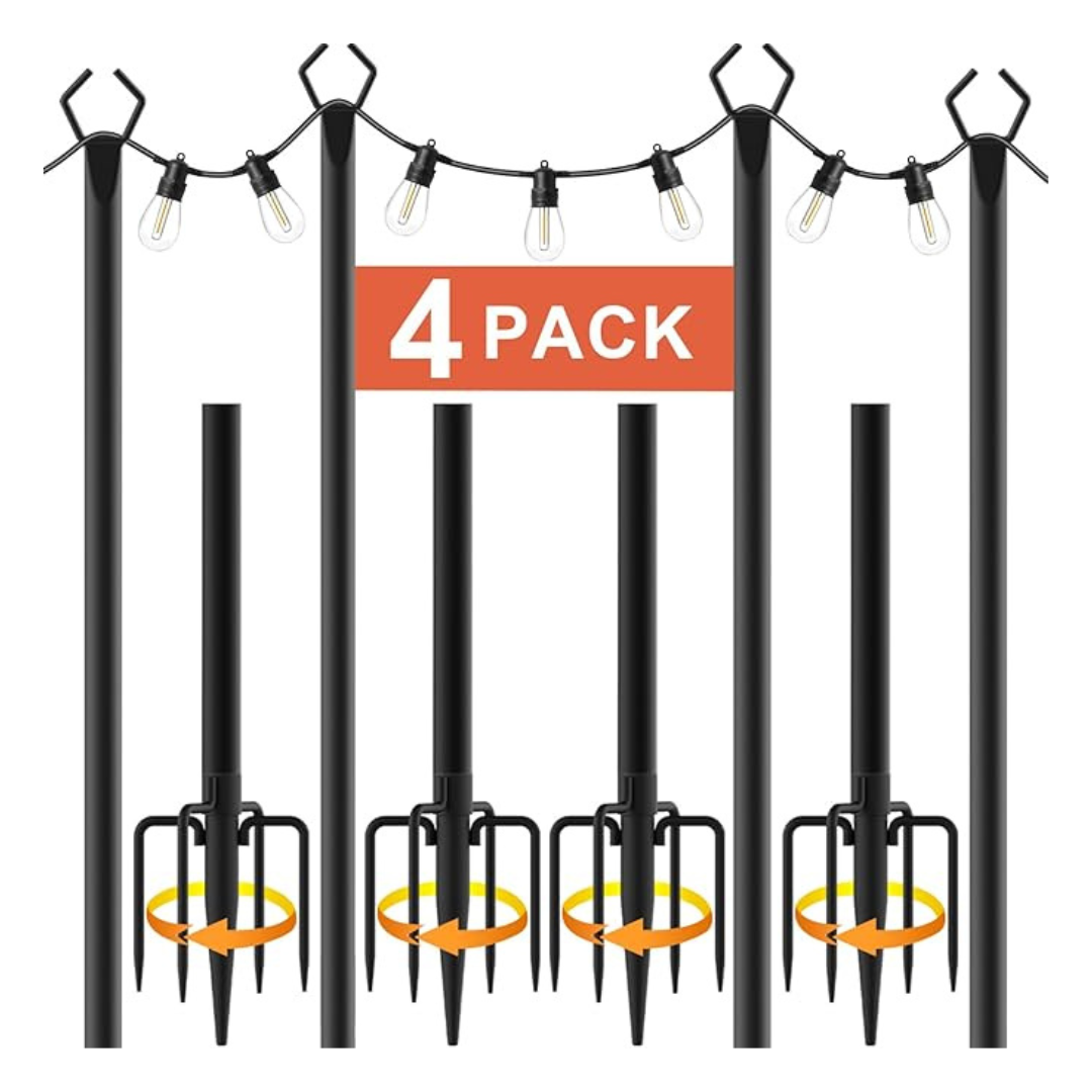 4-Pack 10Ft Outdoor String Light Poles W/ Fence Brackets Hanging Lights