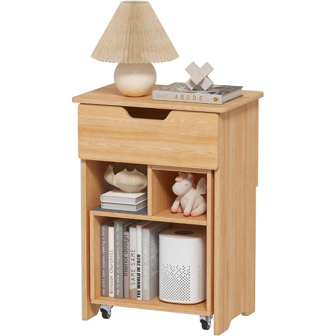 Wooden Bedside Table With Rolling Open Storage Shelf