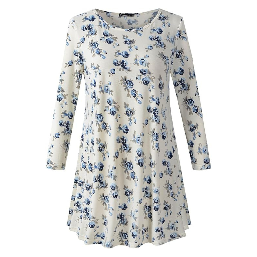 Women's Plus Size 3/4 Sleeve Swing Floral Flare Tunic Top