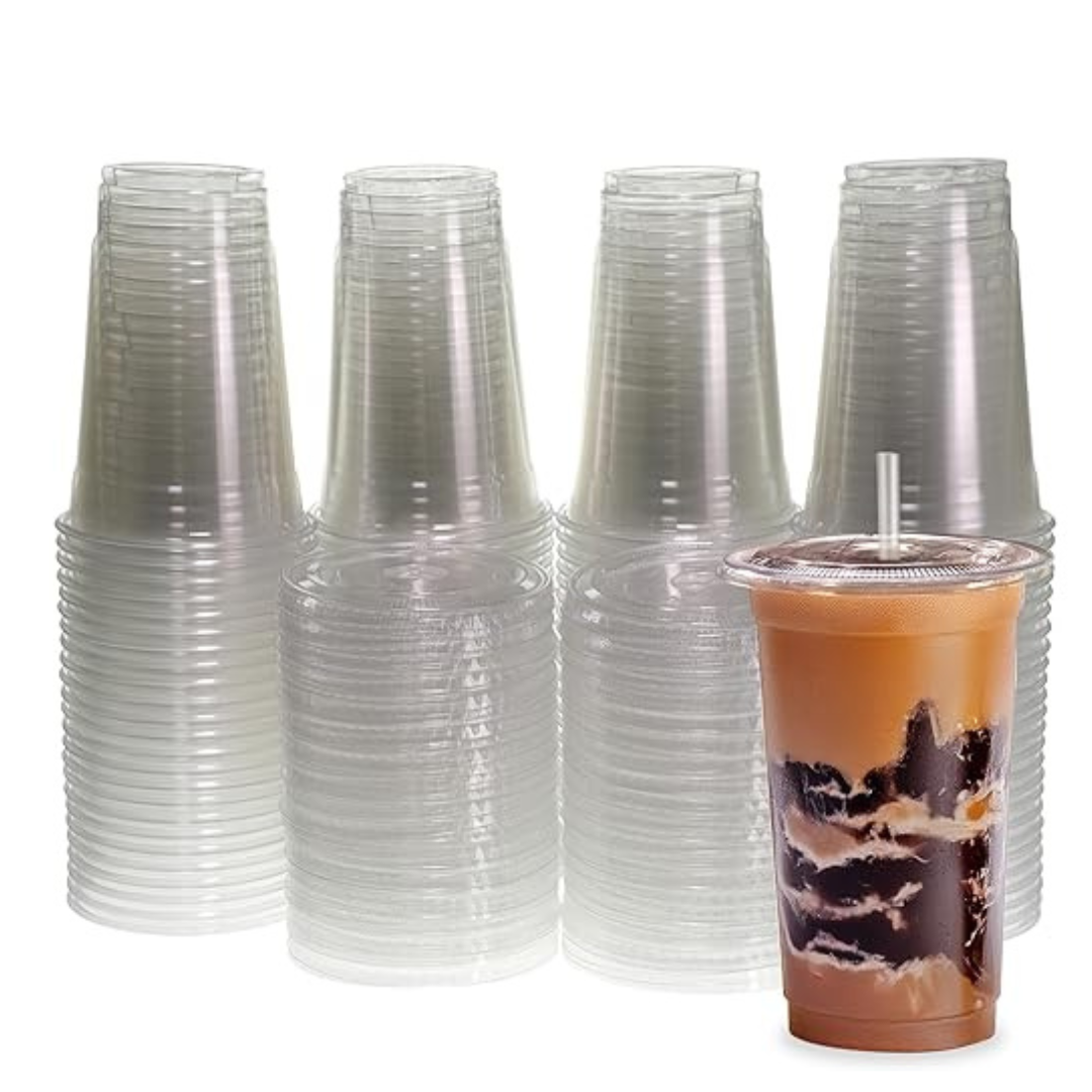 100-Count 20-Oz Clear Plastic Cups With Flat Lids & Straws