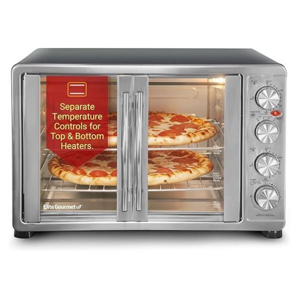 Elite Gourmet French Door 47.5Qt, 18-Slice Convection Oven, Includes 2 x 14″ Pizza Racks