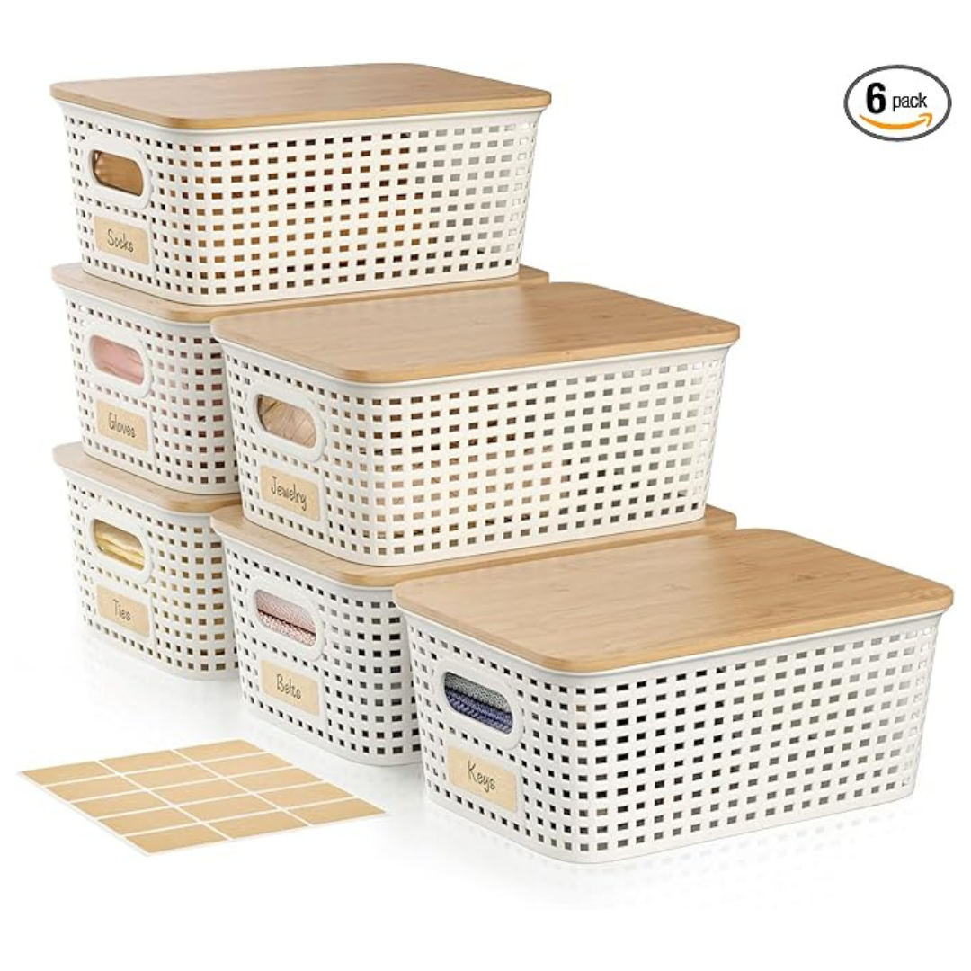6-Pack 5 Quart Plastic Storage Bin With Bamboo Lid