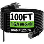 100ft Waterproof Indoor Outdoor Black Extension Cord