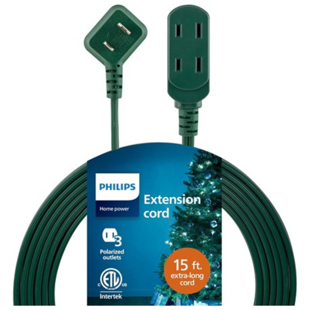 Philips 15ft Accessories 3 Outlet Extension Long Cord (Green)