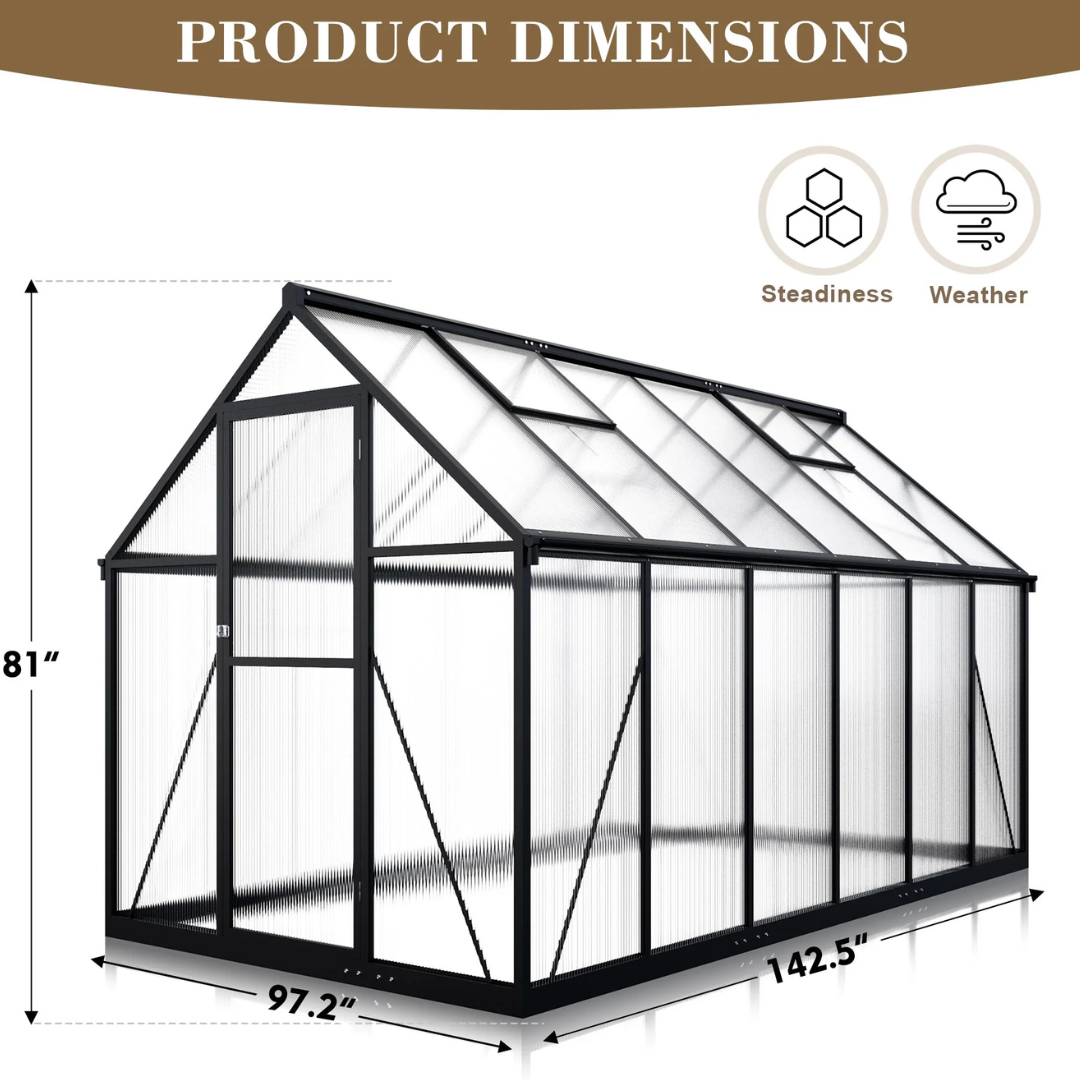 Walk-in 12ft x 8ft Polycarbonate Greenhouse w/Roof Vent
