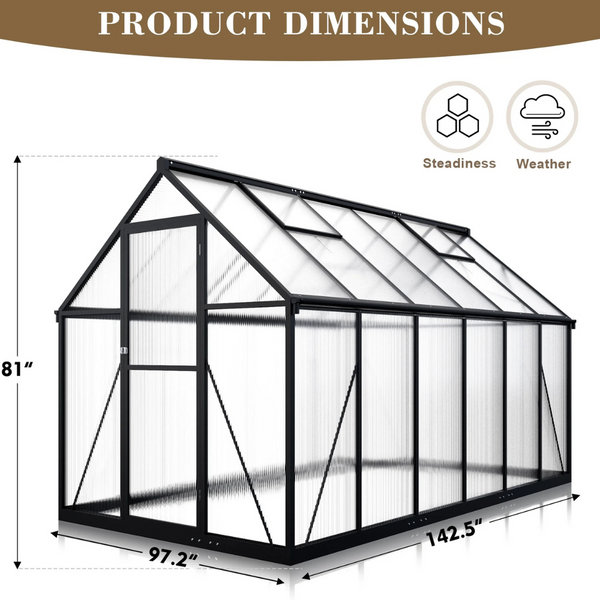 Walk-in 12ft x 8ft Polycarbonate Greenhouse w/Roof Vent