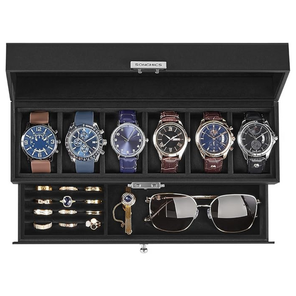 6-Slot Songmics Black Synthetic Leather Lockable Watch Case