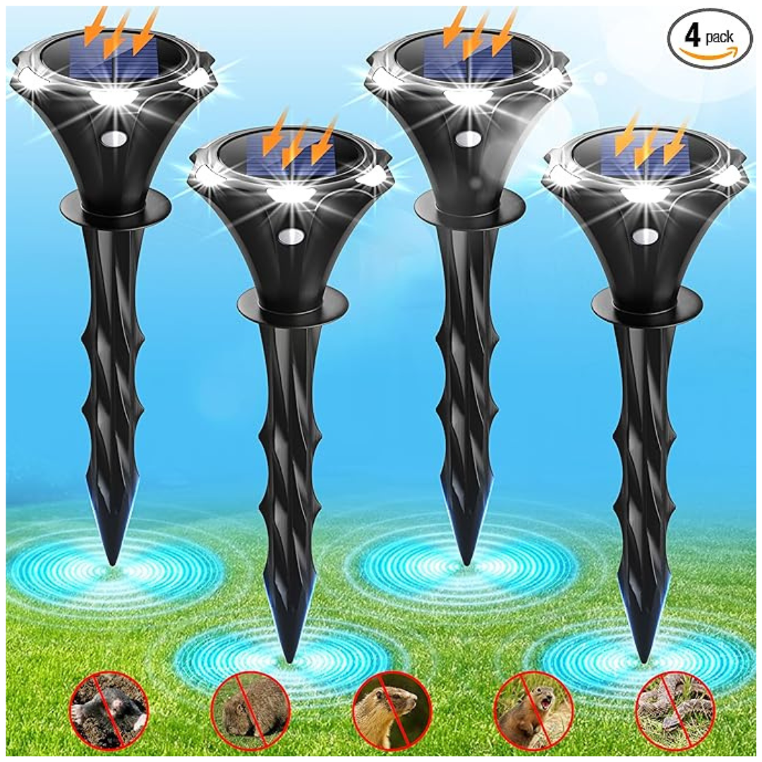 4-Pack Solar Mole Repellent Ultrasound LED Gopher Repeller