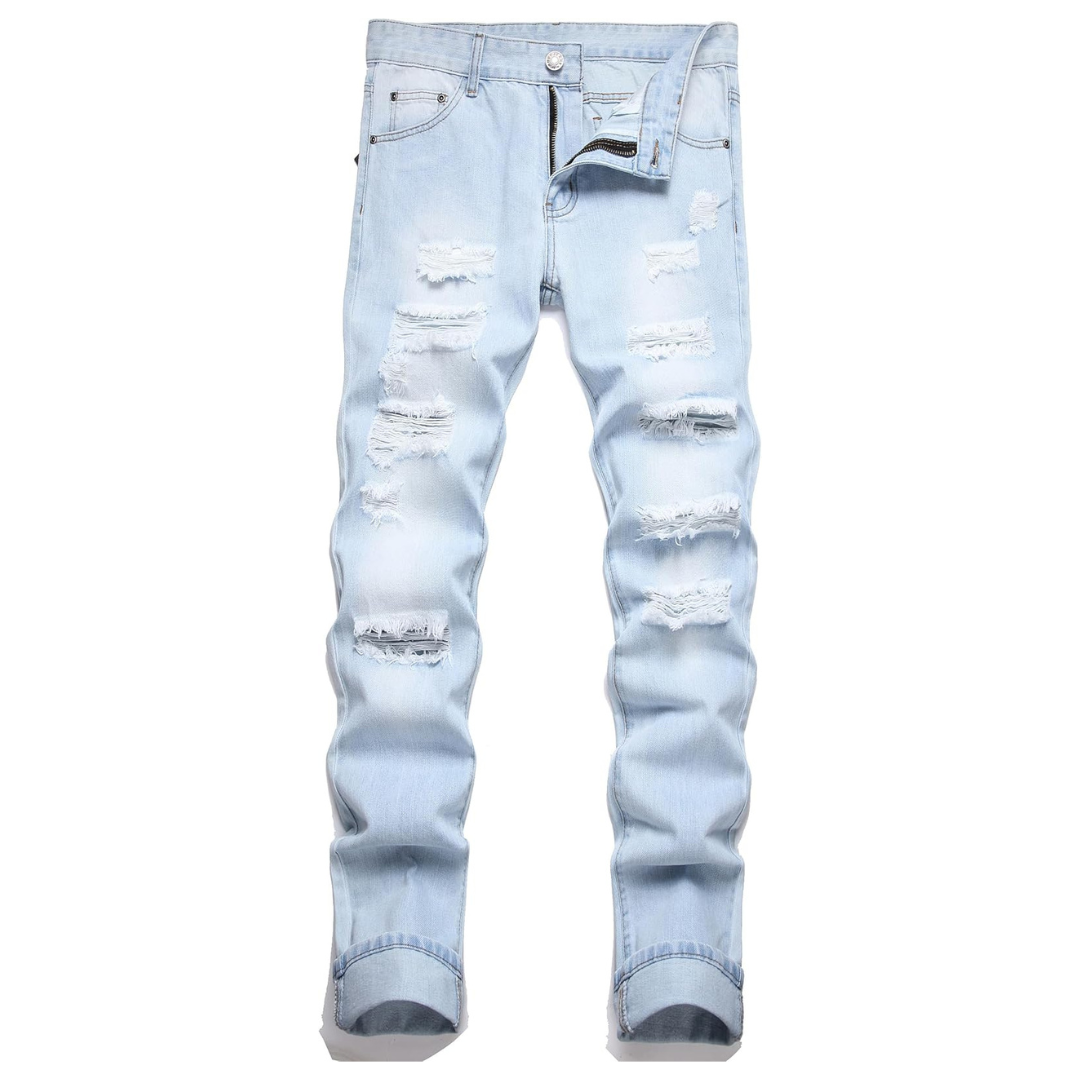 Men's Ripped Distressed Destroyed Straight Fit Denim Jeans