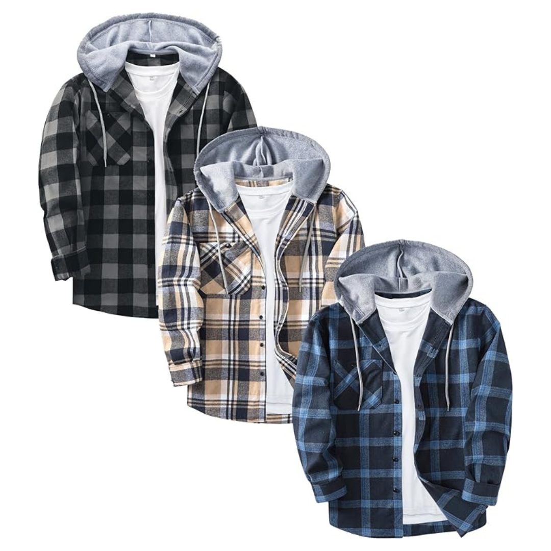 3-Pack Men's Vintage Plaid Flannel Hoodie Shirts