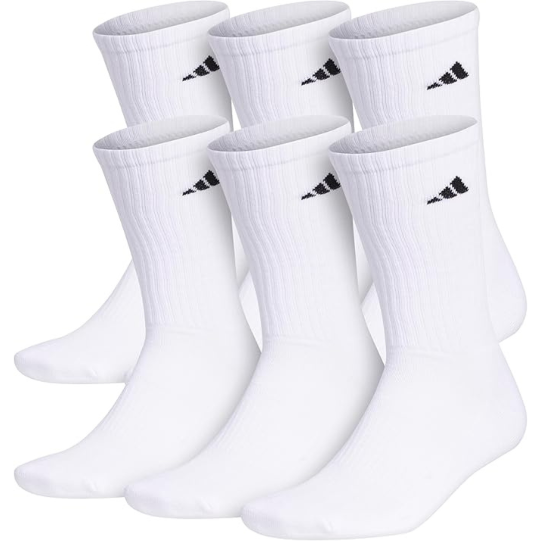6 Pairs of Adidas Men’s Athletic Cushioned Crew Socks with Arch Compression