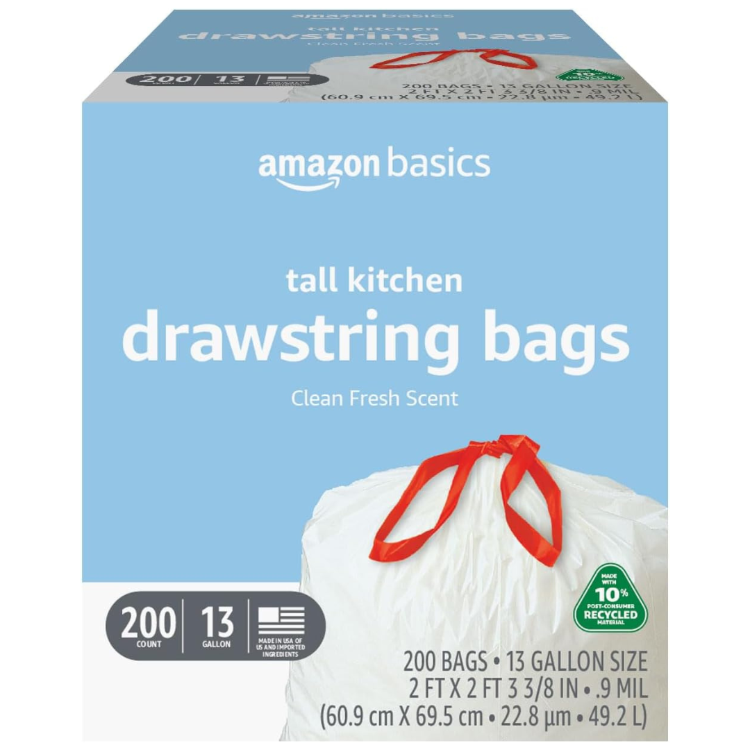 200-Count 13-Gal Amazon Basics Tall Kitchen Drawstring Trash Bags