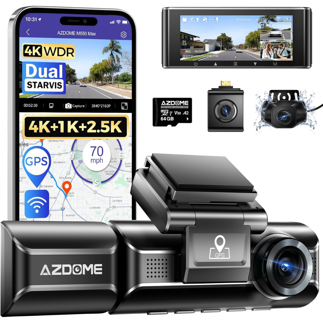 Azdome M550 Max 4K 3 Channel Triple Dash Cam with 64GB Card