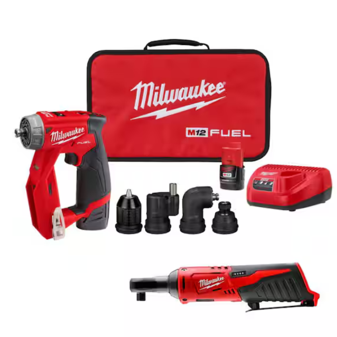 Milwaukee M12 FUEL 12V Lithium-Ion Brushless Cordless 4-in-1 Installation 3/8" Drill Driver Kit w/M12 3/8 In. Ratchet