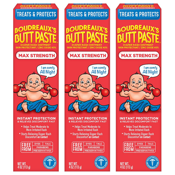 Boudreaux’s Butt Paste Maximum Strength Diaper Rash Cream (4 oz Tube, 3 Pack)