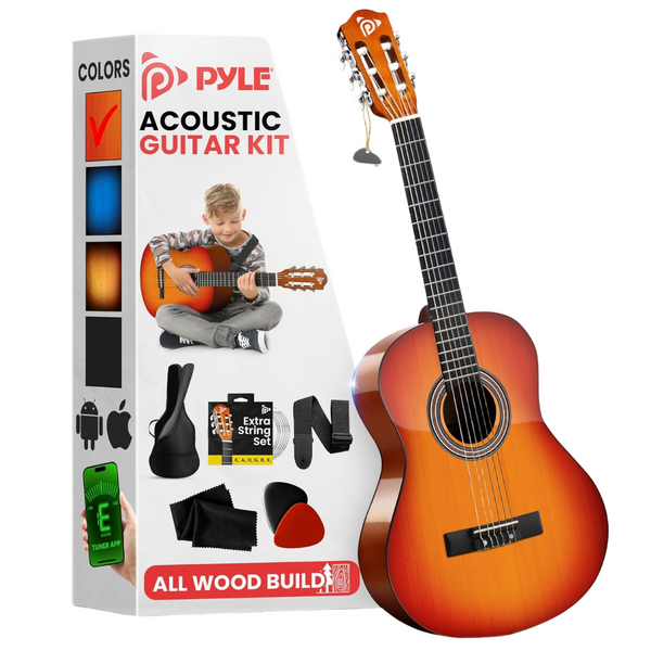 Pyle Beginner Acoustic Guitar Kit, 3/4 Junior Size All Wood Instrument For Kids
