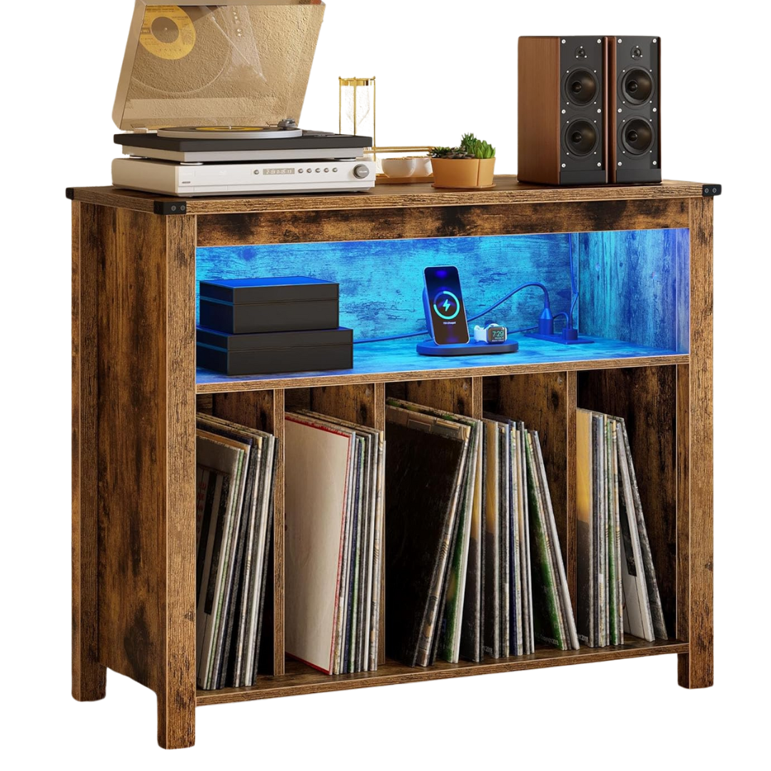 Yitahome Large Record Player Stand With Power Outlets & LED Lights