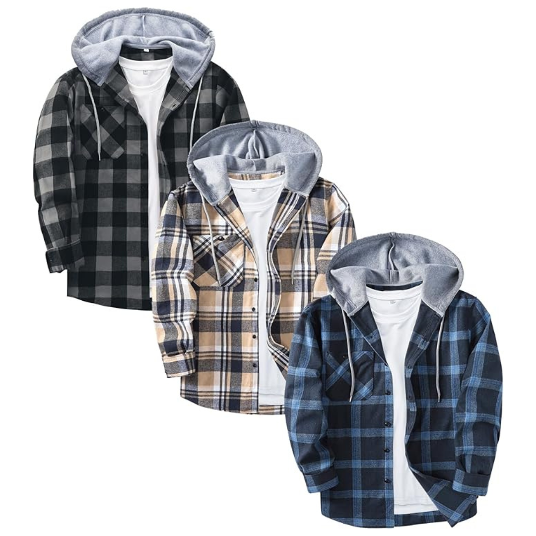 3 Pack Men's Flannel Hoodie Shirts