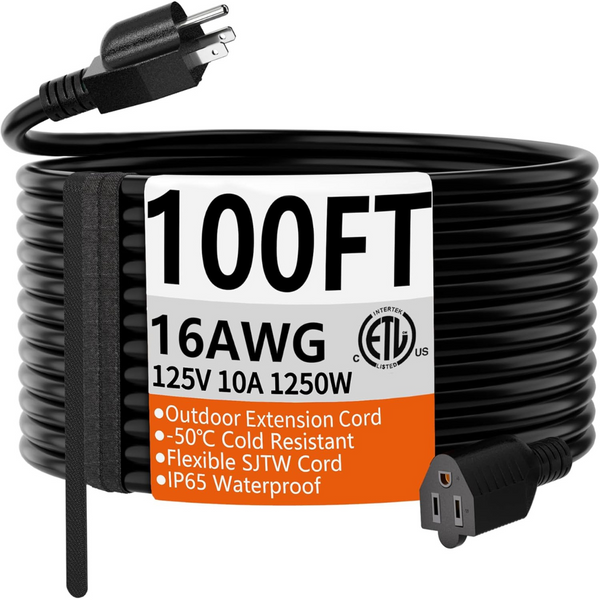 100ft 16 Gauge Waterproof Flexible Cold Weather 3 Prong Extension Cord