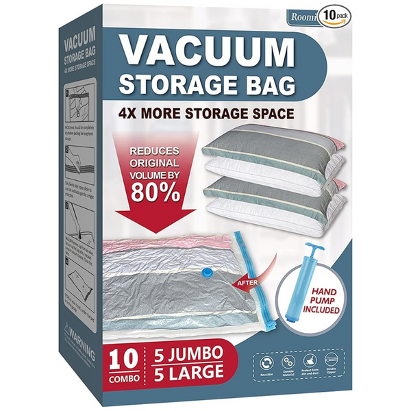 10-Pack Vacuum Storage Bags With Pump (5 Jumbo, 5 Large)