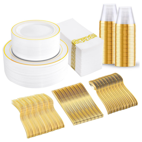 350-Pieces Gold Plastic Disposable Dinnerware Set For 50 Guests