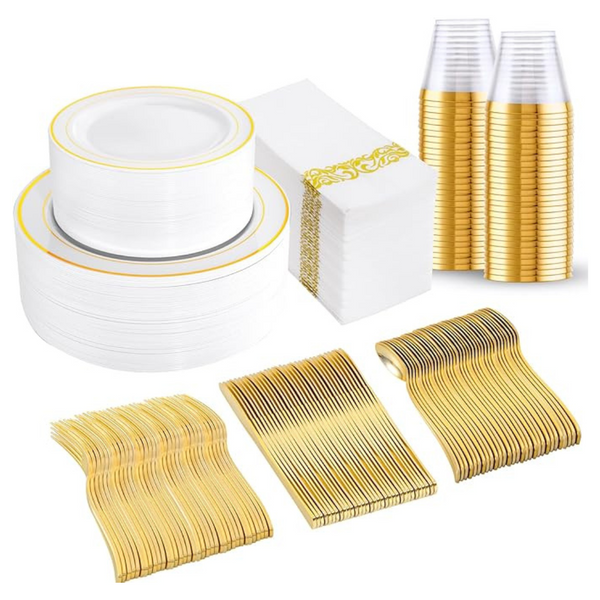 BUCLA 350 Pcs Gold Plastic Dinnerware Set For 50 Guests