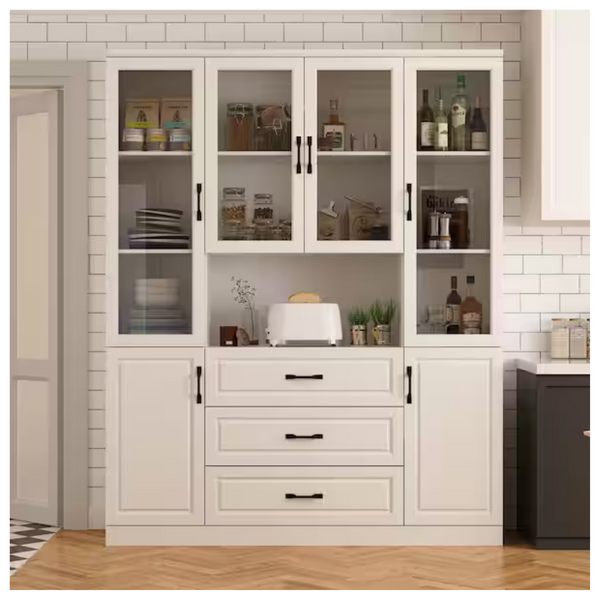 White Wood 63" W Buffet Sideboard Food Pantry With Hutch