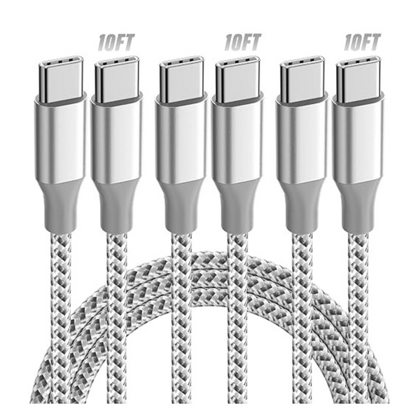 3-Pack 10ft 60W Durable USB-C To USB-C Cables