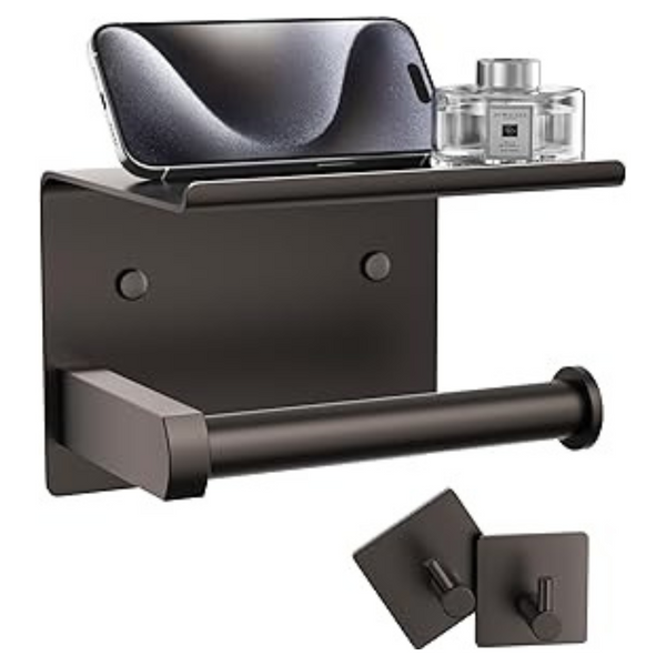 Toilet Paper Holder With Phone Shelf & Towel Robe Hooks