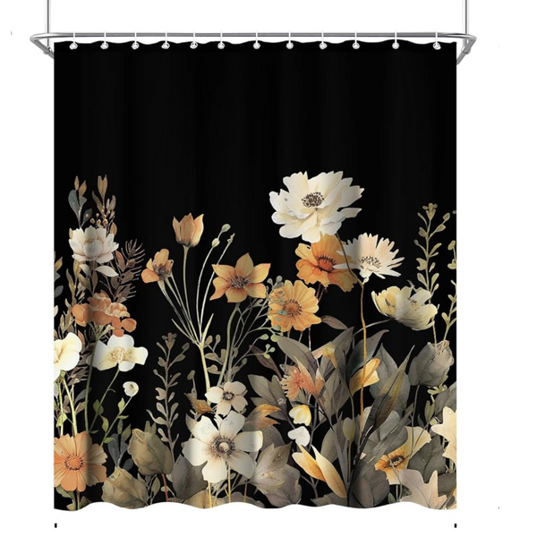 Black Vintage Flower Shower Curtain Set