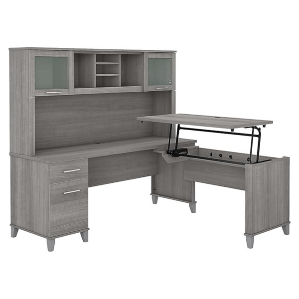 Bush Furniture Somerset 72W 3 Position Sit To Stand L Shaped Desk With Hutch In Platinum Gray