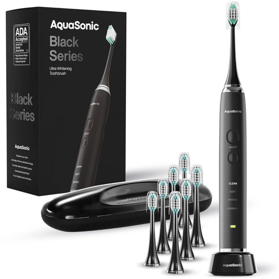 Aquasonic Black Series Ultra Whitening Toothbrush w/8 Brush Heads