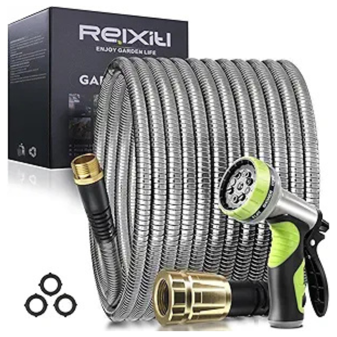 50-Ft Heavy Duty Stainless Steel Garden Hose W/ 10-Function Nozzle