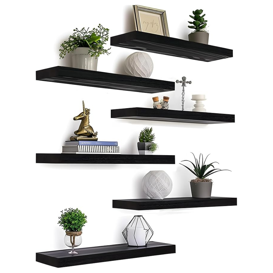 Set Of 6 Black Wood Rustic Wall Shelves