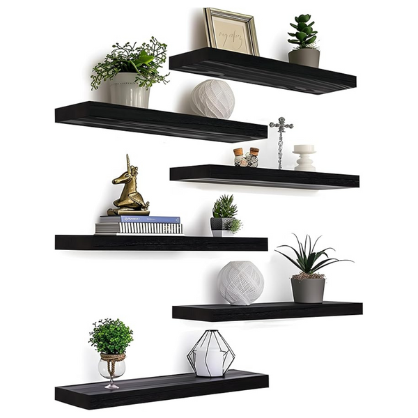 Set Of 6 Black Wood Rustic Wall Shelves