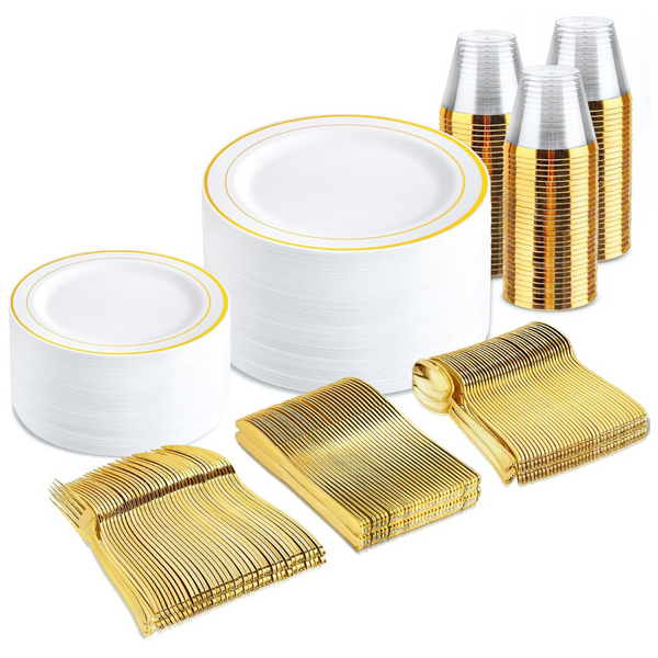 bUCLA 300 Pcs Plastic Disposable Dinnerware Sets (Service For 50)