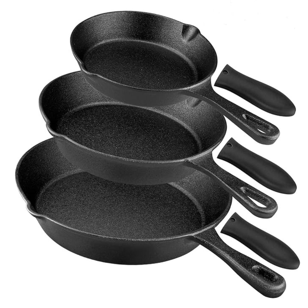 3-Piece Pre-Seasoned Cast Iron Skillet Frying Pan Set (6"/8"/10")