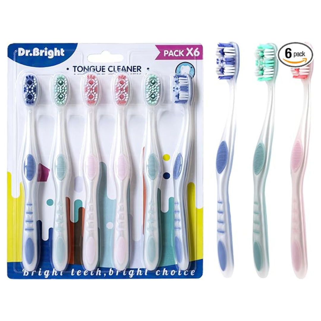 6-Pack Medium Bristles Toothbrushes w/Tongue Scraper & Ergonomic Handle