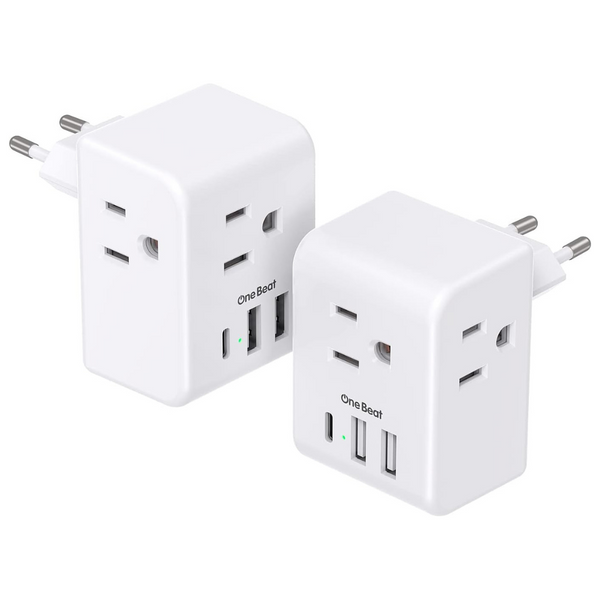 2-Pack 3-Outlets & 3 USB Ports European Travel Plug Adapter