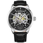 Men's Black Leather Strap Automatic Skeleton Watch
