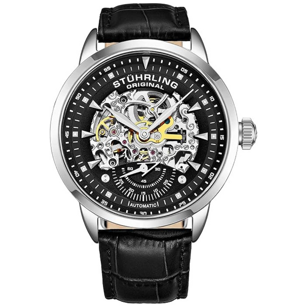 Men's Black Leather Strap Automatic Skeleton Watch