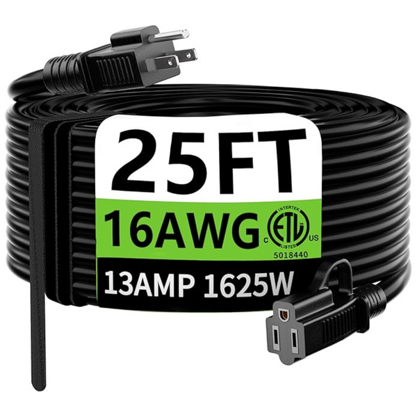 25ft 16AWG 3-Prong Heavy Duty Black Extension Cord