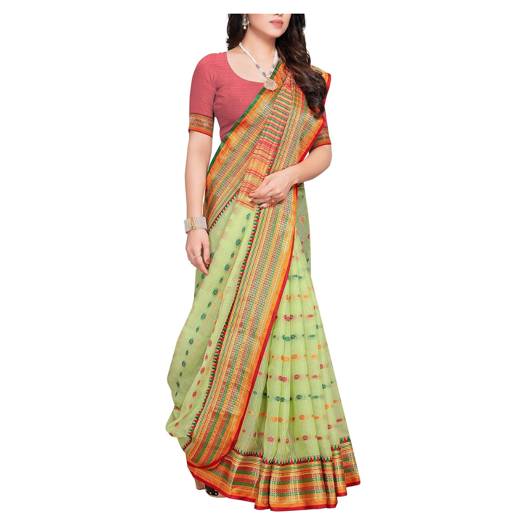 Women's Kota Doria Cotton Manipuri Saree With Unstitched Blouse