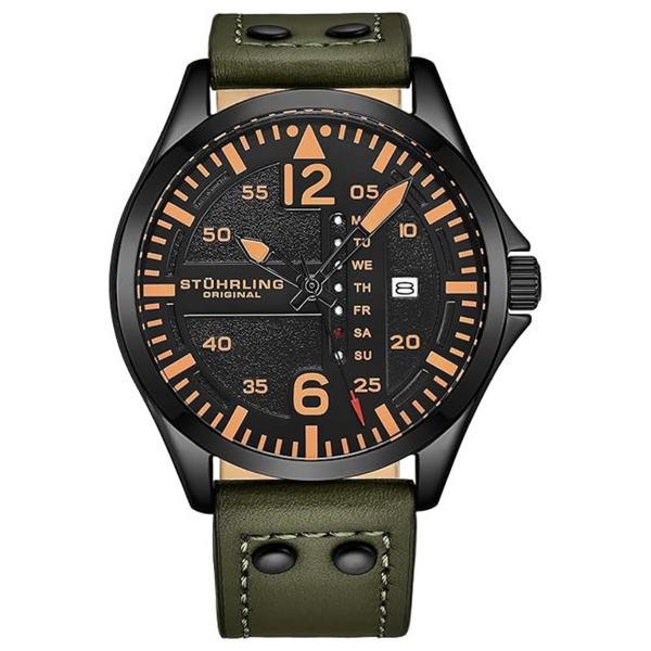 Stuhrling Original Mens Leather Aviation Watch (Green)