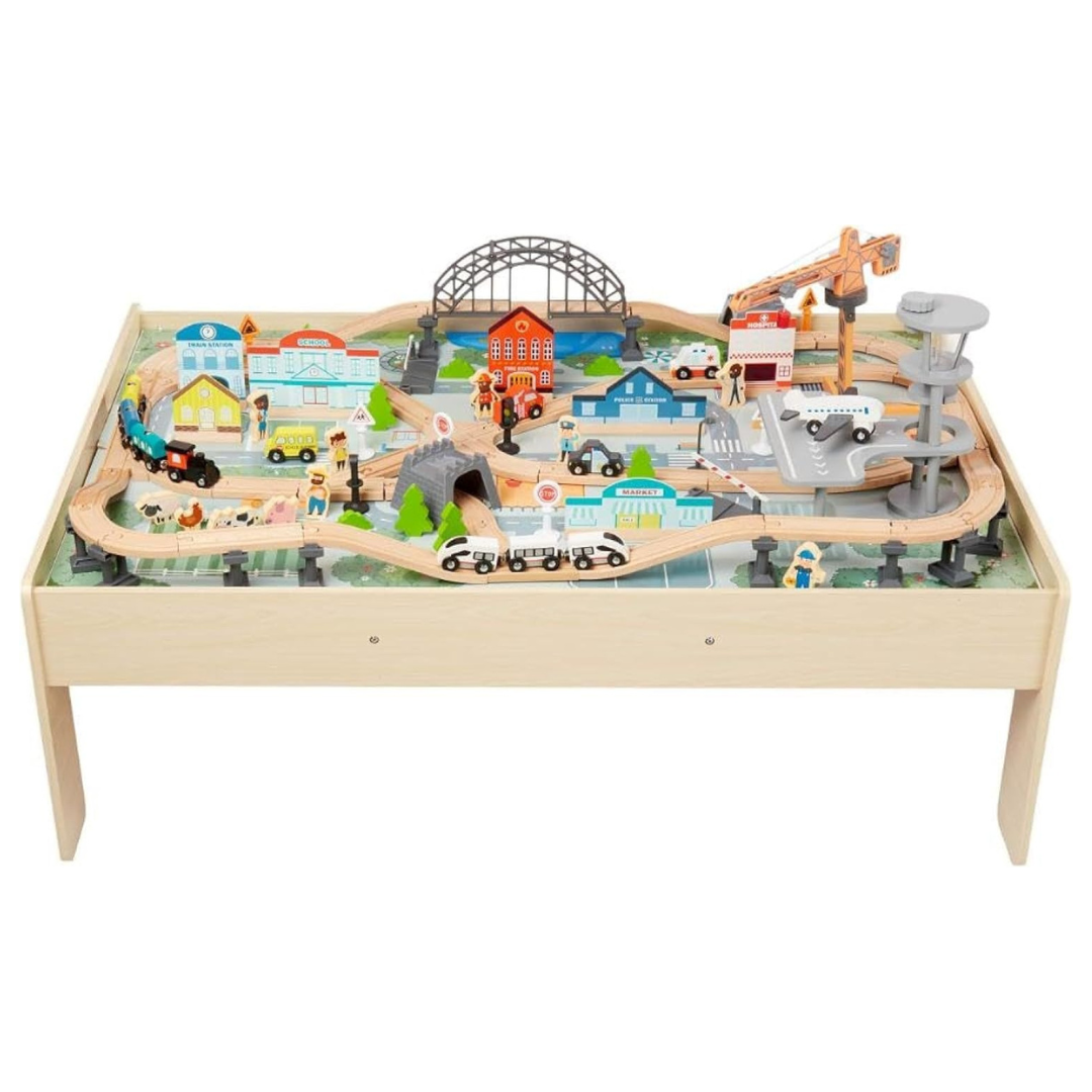 Amazon Basics 120 Piece Wooden Train Set And Table